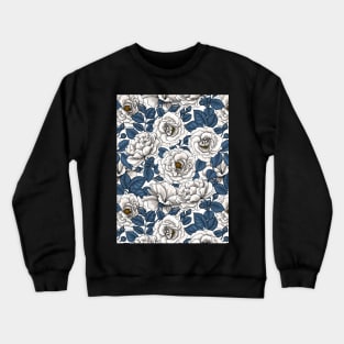 White roses with blue leaves on white Crewneck Sweatshirt